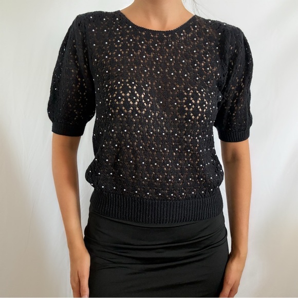 Vintage Tops - Vintage 80s black knit blouse pearl detailing small medium puff sleeve top